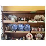 Mixed Lot of Glassware, Blue and White Transferware Plates, and Decorative Collectibles