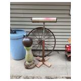 Assorted Yard Decor and Metal Items Including Spoked Wheel and Concrete Pedestal with Ball