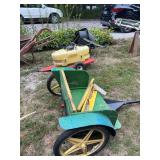 Lot of Yard Equipment Including John Deere Bagger, Scorpion Sprayer, and Custom Wooden Cart