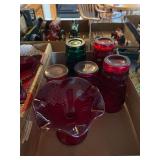 Ruby Red and Green Pressed Glass Grouping with Footed Comport and Tumblers