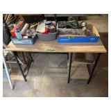 Desk with Assembled Shelving Unit and Miscellaneous Workshop Contents