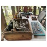 Mixed Lot of Collectibles and Tools including Wooden Crate, Glassware, and Decor
