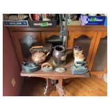 Assorted Collection of Metalware, Stoneware, and Flatirons