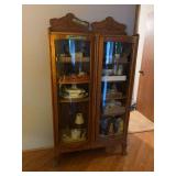Double-Door Oak Curved Glass China Cabinet with Carved Pediments