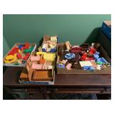 Large Grouping of Dollhouse Furniture, Miniature Figures, and Tin Litho Dollhouse