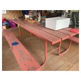 Red Wooden Picnic Table with Steel Tube Frame and Attached Benches