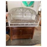 White Wicker Porch Swing and Wooden Cabinet Lot