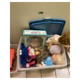 Assorted Doll Lot Including Ideal Tiny Tears in Original Box and Plush Toys in Storage Tote