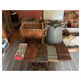 Assorted Lot of Wooden Trough, Enamelware Coffee Pot, Architectural Corbels, and Decorative House Block