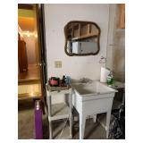 Lot of Household Items including Utility Sink, Shelving Units, Tools, Wall Mirror, and Fan