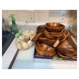 Wooden Salad Bowl Set with Wire Chicken Basket and Decorative Eggs
