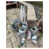 Assorted Galvanized Metal Watering Cans Buckets Garden Gnomes and Rack