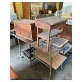 Lot of Wooden Desk, Storage Chest, Metal Grate, and Rolling Utility Cart