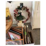 Lot of Framed Artwork, Picture Frames, and Holiday Decor