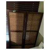 Dark Wood and Woven Rattan Room Divider Folding Screen