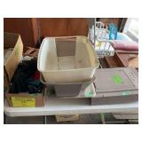 Shop Equipment Assortment Including Electrical Box and Plastic Tubs