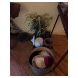Assorted Lot of Decorative Decor, Crockery, and Hat Box with Textiles