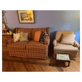 Living Room Set with Plaid Sofa, Gingham Armchair, Footstool, and Accent Pillows