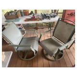 Set of Two Green Metal Frame Outdoor Swivel Patio Chairs with Sling Fabric