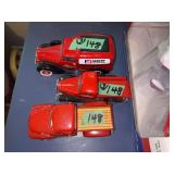 Set of Three Diecast Red Toy Trucks including Sentry Hardware Delivery Van