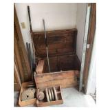 Assorted York Barbell Weights, Dumbbells, and Wooden Storage Chest