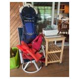 Assorted Household and Outdoor Goods Lot including Tech Deck Sled, Rolling Cart, and Decor