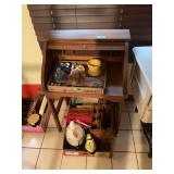 Wooden Roll-Top Desk with Assorted Collectibles and Household Goods