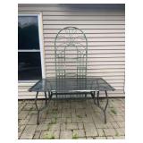 Metal Patio Table with Glass Top and Green Plant Stand Rack