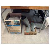 Lot of Laser Electric Bug Killer Model Box and Tall Boots in Three Bells Wooden Crate