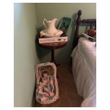 Woven Wicker Doll Cradle with Composition Doll and Hand-Crocheted Blanket