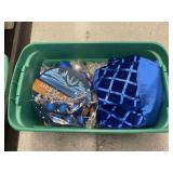 Green Storage Bin Filled with Blue and Silver Holiday Decor
