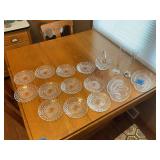 Assorted Pressed Clear Glass Tableware Collection Including Plates, Bowls, Vases, and Basket