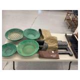 Gold Prospecting Equipment Lot including Sluice Box, Pans, and Chest Waders