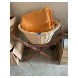 Wicker Basket on Wooden Rolling Stand with Blanket