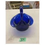 Cobalt Blue Art Glass Basket with Folded Rim and Applied Handle