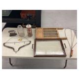 Assorted Household Collectibles Including Washboard, Glass Jar, and Serving Tray