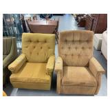Pair of Tufted Fabric Recliner Chairs in Mustard Yellow and Brown
