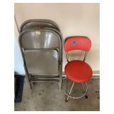 Set of Metal Folding Chairs and Swivel Bar Stool with Red Vinyl Upholstery
