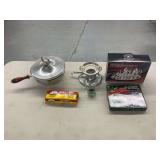 Assorted Entertaining and Serveware Lot with Silver Plated Mini Tea Set, Chafing Dish, and Inflatable Salad Bar