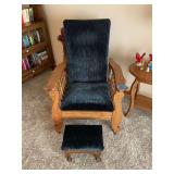 Oak Morris Chair with Matching Footstool and Dark Blue Upholstery