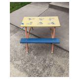 Childrens Child Size Picnic Table Metal Frame Wood Top and Benches Blue and Yellow