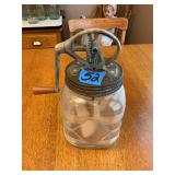 Glass Butter Churn with Hand Crank Mechanism and Patterned Jar