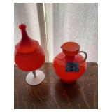 Orange and White Art Glass Covered Urn and Matching Pitcher