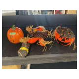 Fall and Halloween Decor Grouping including Pumpkin Figurines and Scarecrow Doll