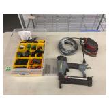 Performax Air Nailer, Hand Sander, Tub of Small Parts, and Accessories