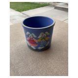 Blue Ceramic Planter Crock with Hand-Painted Dancing Bunnies Design