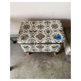 Upholstered Storage Ottoman with Colonial Revival Pattern and Wooden Feet