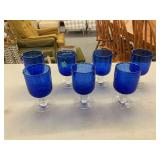Set of Cobalt Blue Stemmed Water Goblets with Bubble Detail