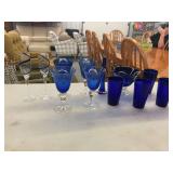 Cobalt Blue and Clear Art Glass Assortment including Stemware, Tumblers, and Bowl