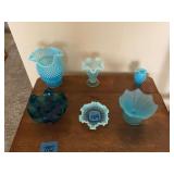 Collection of Blue and Turquoise Art Glass Vases and Bowls